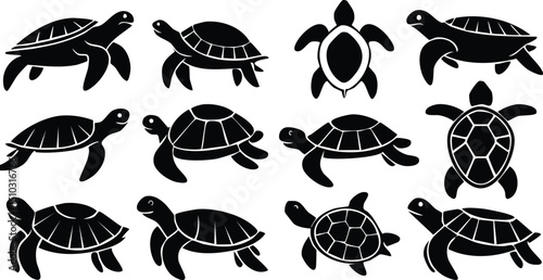 Vector silhouette set of twelve sea turtles in various poses arranged in a clean geometric grid on white background, showcasing bold black shapes with segmented shells and minimalist 