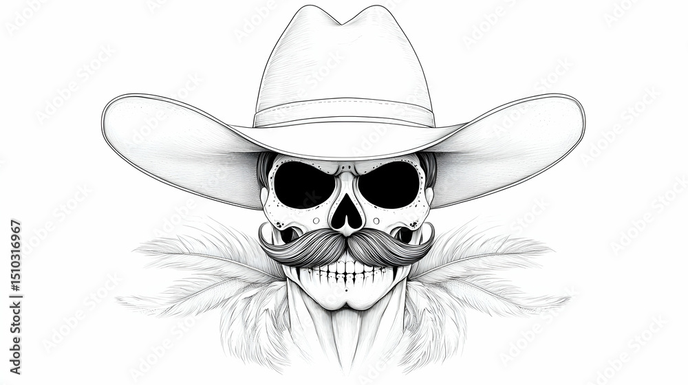 Fototapeta premium Black And White Skull Wearing Cowboy Hat And Mustache
