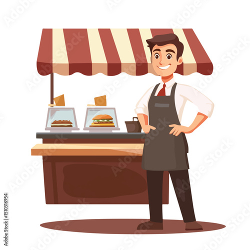 Professional vector illustration of a restaurant shop interior with a businessman