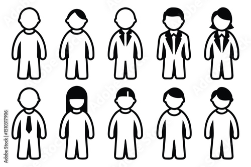 Stylized black and white vector icons representing various individuals in professional attire.