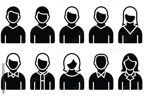 Simplified black and white icon set featuring diverse business professionals and individuals
