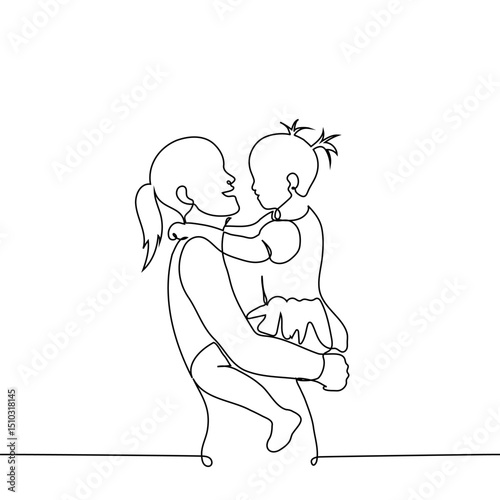 mother and daughter in her arms smiling at each other, mother and child hug - one line art vector. mother's day, family connection, children's day, successful single mother