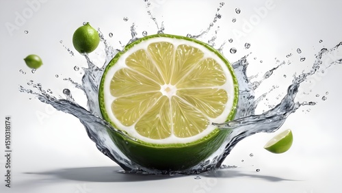Dynamic splash of lime with water droplets in a bright setting, capturing freshness and vibrancy