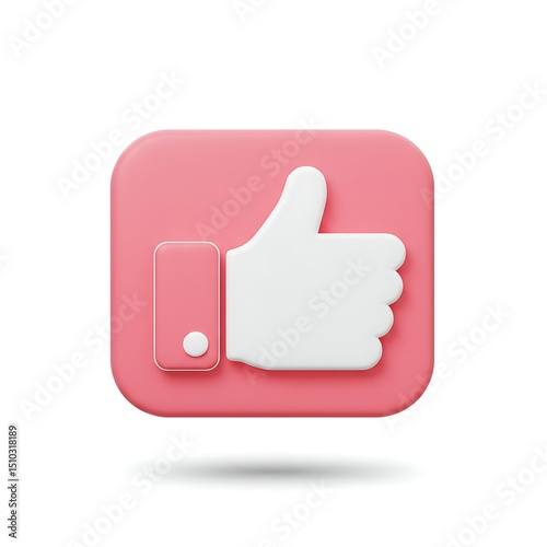 3D Rendered Pink Like Button Icon with White Thumbs Up on a White Background for Social Media and Web Design