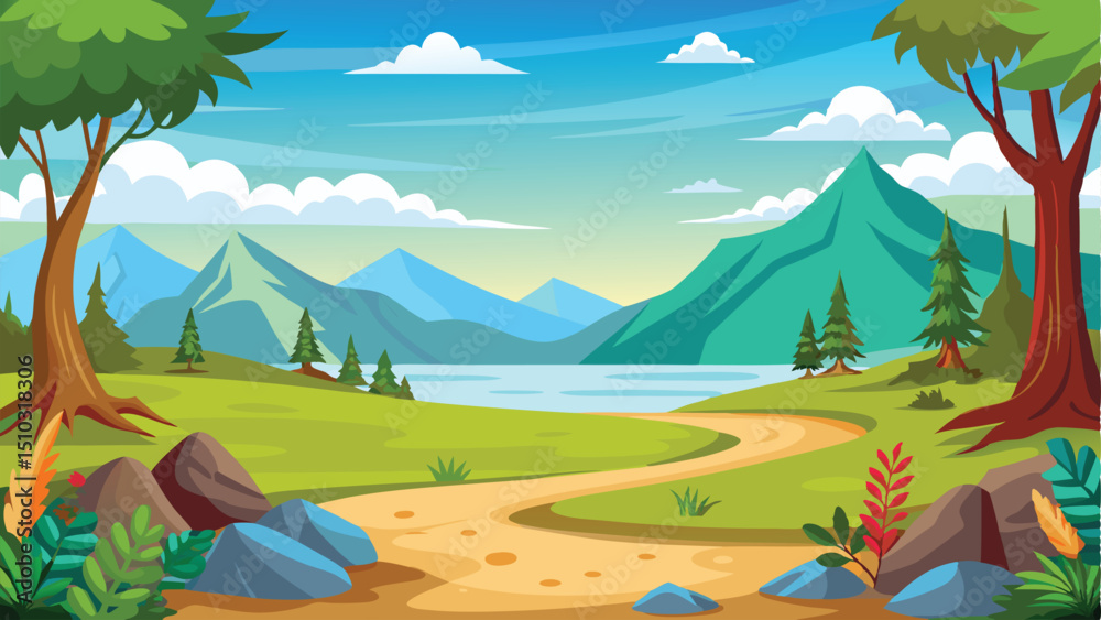 Obraz premium Cartoon Landscape with Mountains, Winding Path, Trees, Lake, and Cloudy Sky Illustration