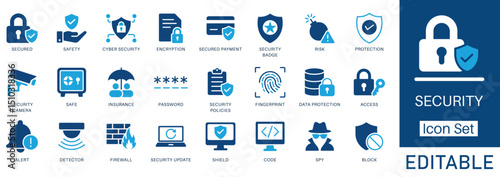 Security and Cybersecurity solid icon set. Contains symbols for Encryption, Data Protection, Firewall, and Fingerprint. Flat vector design for network security and digital privacy.
