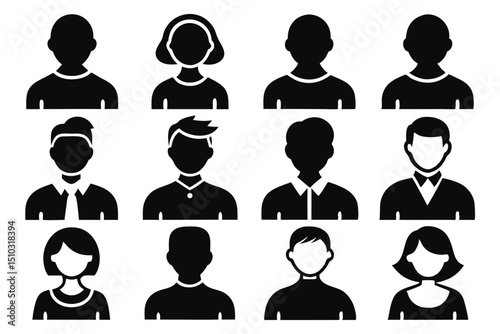 Simple black and white avatar icons representing diverse male and female professionals