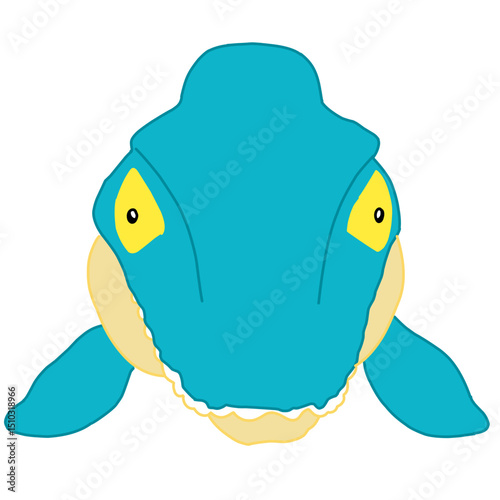 A cartoon-style front view illustration of a Mosasaurus face. The marine reptile is depicted with a blue body, yellow eyes, and flippers on both sides