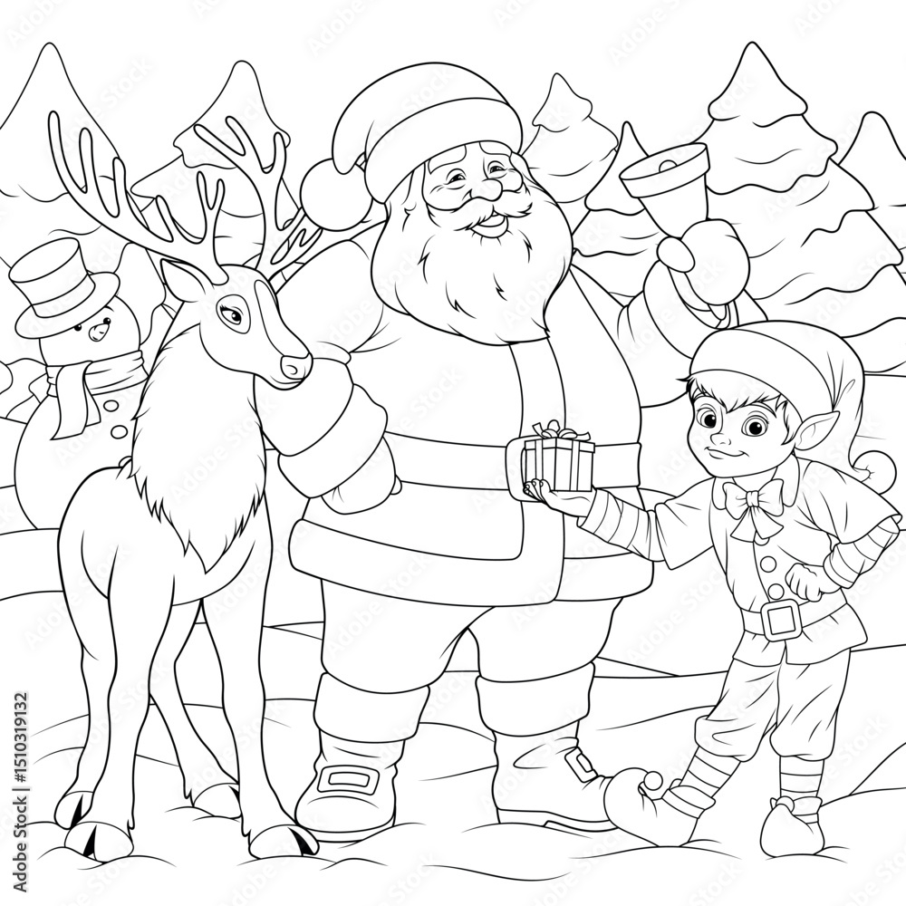 Fototapeta premium Vector illustration, new year night in the company of santa elf and deer