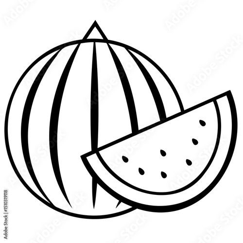 Refreshing Watermelon Illustration A Simple Line Drawing of a Whole Watermelon and a Slice