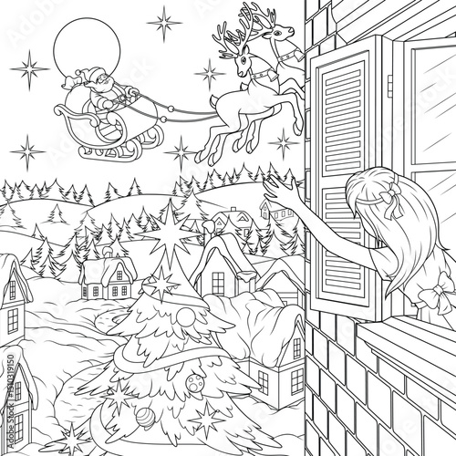 Vector illustration, santa delivers gifts on new year's eve