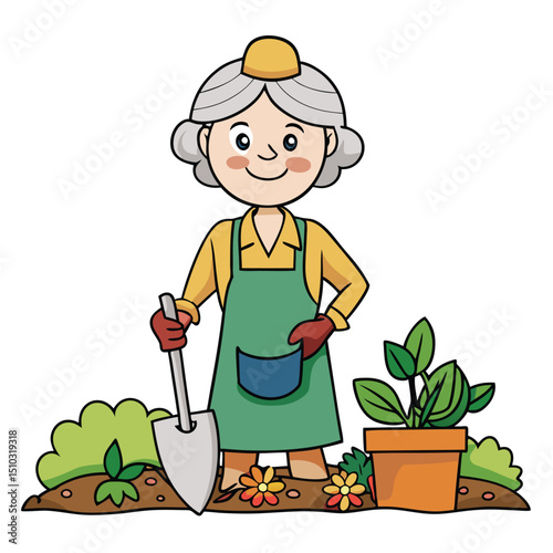 Middle-aged woman gardening with tools enjoying hobby outdoors