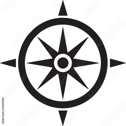 Illustration of a black compass rose with eight points on white background