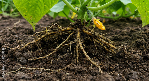 Root Rot in Cucumber Plant Caused by Excessive Soil Moisture photo