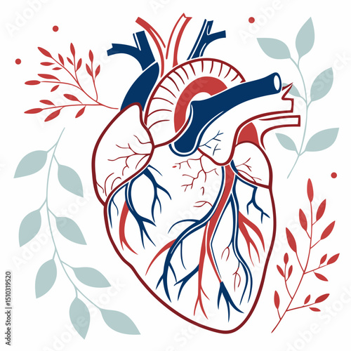 Vector art anatomical heart illustration with red and blue vessels and decorative floral elements around it