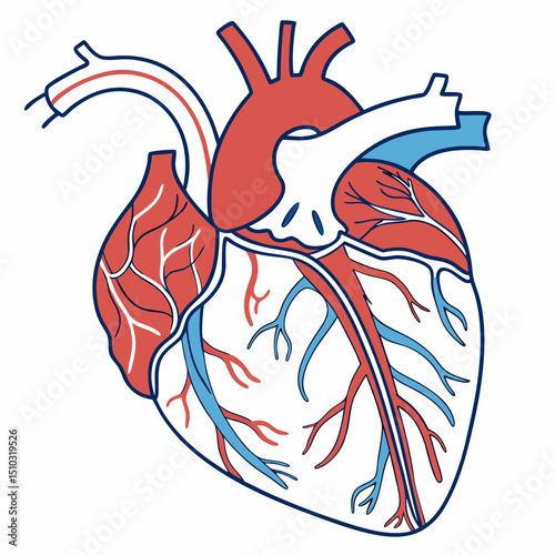 Vector art illustration of an anatomical heart with arteries and veins in red and blue on a white background