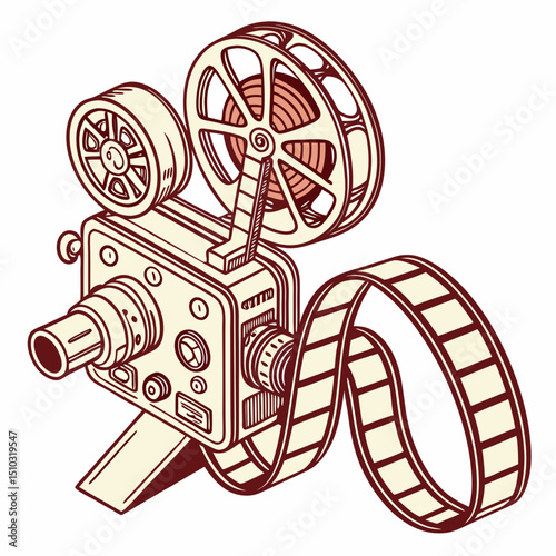 Vector art vintage film projector with winding film reel and lens in a detailed illustration style format