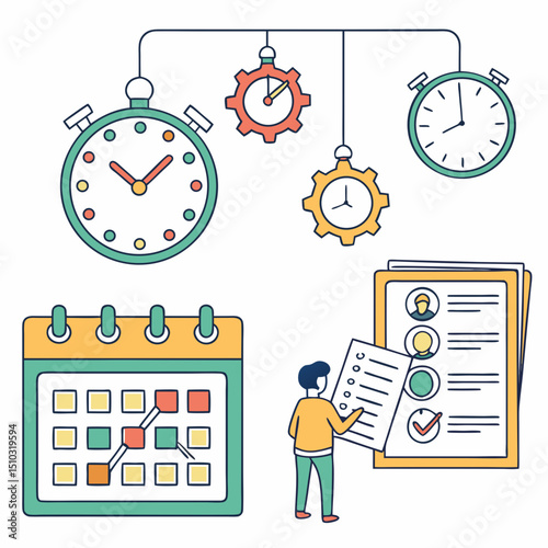 Vector art illustration showing time management with calendar, clocks, gears, and a person reviewing a checklist