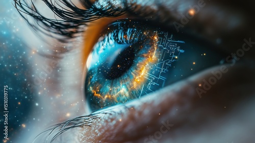 Futuristic eye with digital circuit and galaxy inside the iris representing advanced technology vision