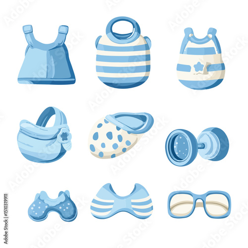 Set of Six Baby Boy Accessories Icons Vector Illustration for Nursery Decoration