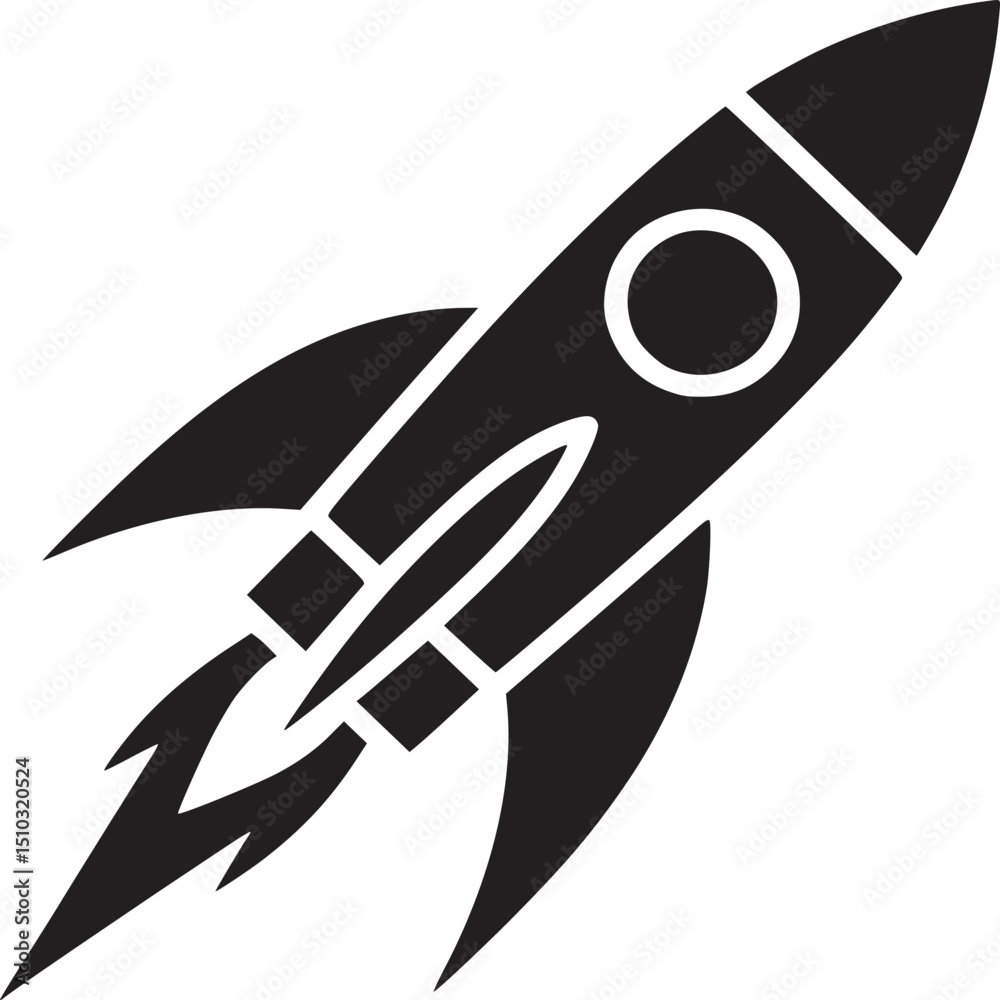 Black and white graphic illustration of a rocket ship taking off up Black and white graphic illustration of a rocket ship taking off up