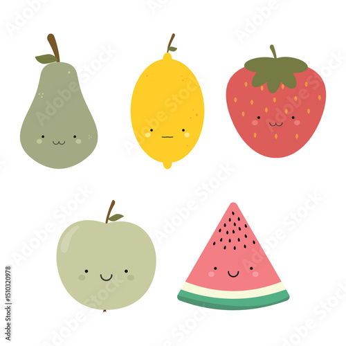 Cute fruits, watermelon, strawberry, lemon and pear, apple. Children's set.