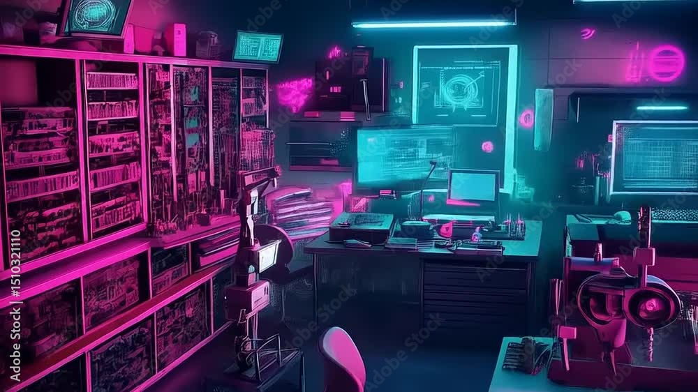 Futuristic Neon-lit Laboratory with Advanced Scientific Equipment and Tech Devices Futuristic Neon-lit Laboratory with Advanced Scientific Equipment and Tech Devices