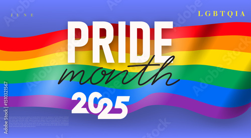 Pride month 2025 concept. Gay parade. Poster freedom rainbow flag, gay parade annual summer event. Template design for flyer, card, background, poster, banner, social media.