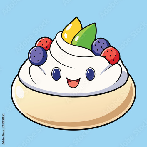 Pavlova dessert with whipped cream and fresh fruit meringue sweetness