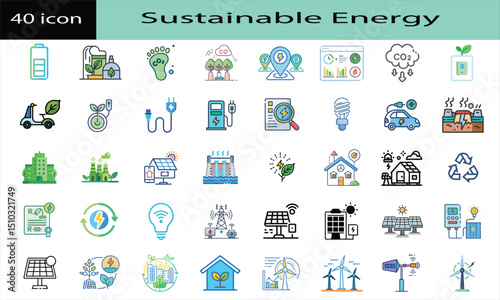 Sustainable Energy Icons – Renewable & Green Power, Eco Energy Vector Symbols, Green Power Icon Pack , Renewable Resource Line Icons
