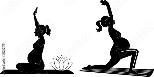 Pregnant Woman Doing Yoga or Exercise Silhouette - Prenatal Fitness Vector