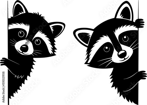 Cute Raccoon Peeking Silhouettes - Black and White Vector