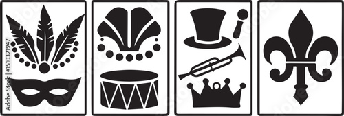 Mardi Gras Line Icons with Crown Drum Beads and Parade Symbols