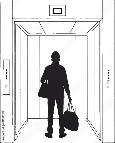 Person Silhouette Inside Elevator Interior - Urban Transportation Vector