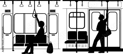 Public Transportation Interior with Passengers Silhouettes Vector Set