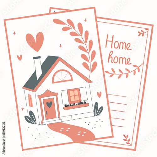 Cozy home illustration featuring a hand drawn house with love and decorative elements