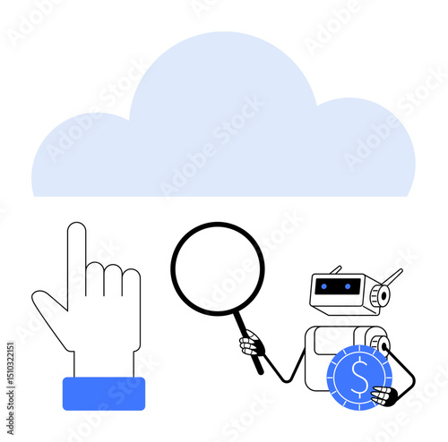 Robot holding magnifying glass and coin, hand pointing to cloud. Ideal for AI, cloud computing, data research, automation, digital finance, technology virtual solutions. Flat simple metaphor
