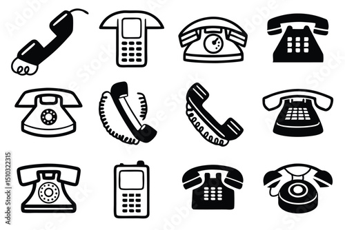 Black and white phone icons collection of various communication devices and designs