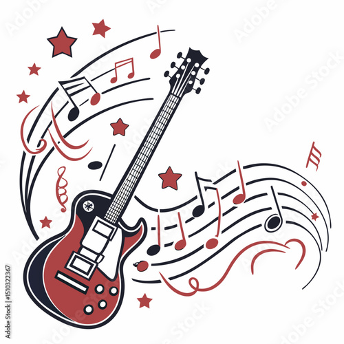 Vector illustration of a red and black electric guitar with musical notes on a white background