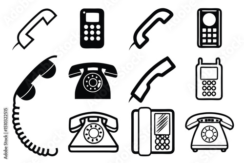 Vector illustration of various black and white telephones and handsets on white background