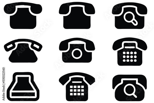 Set of nine black and white telephone icon illustrations on a pure white background