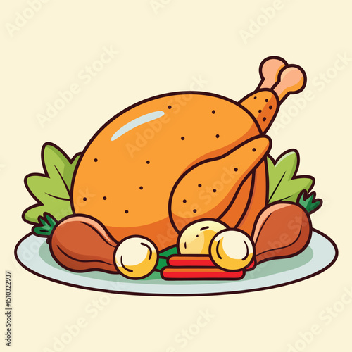 Whole roast chicken with crispy skin and roasted vegetables dinner