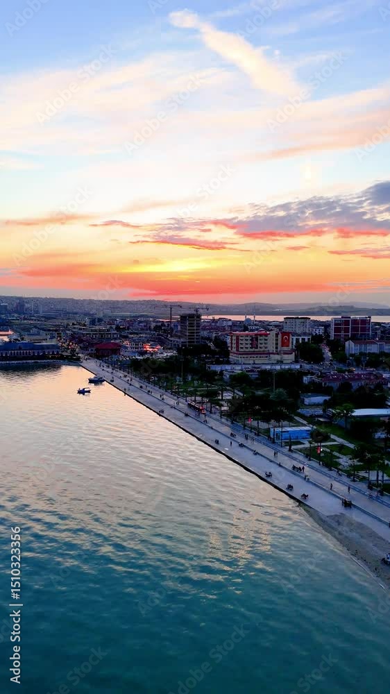 Buyukcekmece beach with its magnificent view and sunset. Drone cinematic istanbul Buyukcekmece beach with its magnificent view and sunset. Drone cinematic istanbul