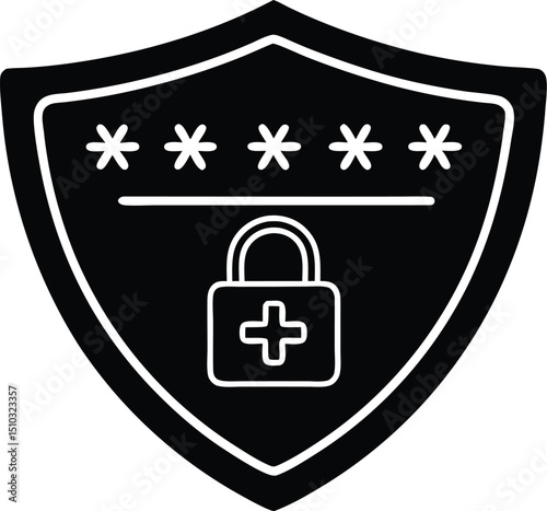 Shield Icon with Password Protection and Padlock in Black and White Security