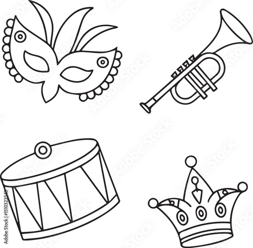Mardi Gras Icon Set with Mask Hat Drum and Confetti Outline
