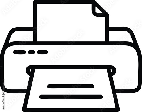 Black and White Line Art of a Printer Printing Documents with Curl on Top