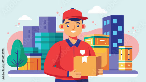 Smiling Delivery Boy Holding Package With City Buildings, Trees and Cloud Background