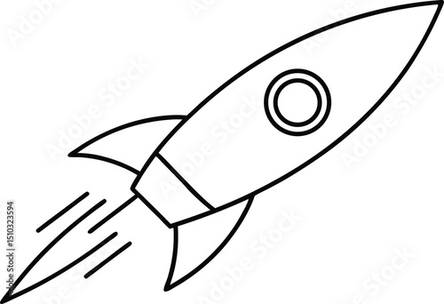 Black and White Line Drawing of a Cartoon Rocket Ship Launching into Flight