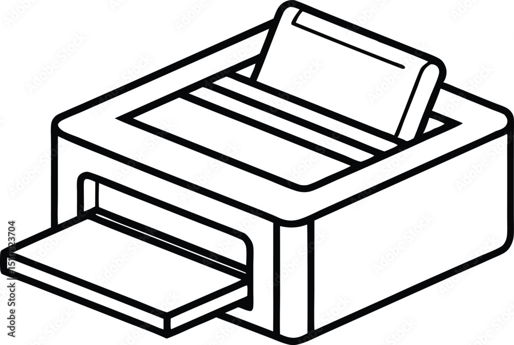 Black and White Outline of Office Printer with Paper Stack and Output Tray