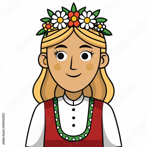 Scandinavian woman with flower crown and traditional dress cultural